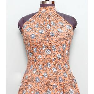 เดรสทรงเอพิมพ์ลายดอกไม้สไตล์โบฮีเมียนทันสมัยสวยงาม คอทรงโอ ความยาวระดับเข่า ผ้าฝ้าย พิมพ์ลายบล็อก สำหรับงานปาร์ตี้ฤดูร้อน ฤดูใบไม้ผลิ ฤดูร้อน - Product Image 2