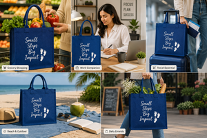 Bolsa de Yute Azul con Diseño de Huellas y Asas de Cuerda, Tamaño Mediano, para Uso Diario, Playa, Exposiciones y Compras, Pequeños Pasos, Gran Impacto - Product Image 4
