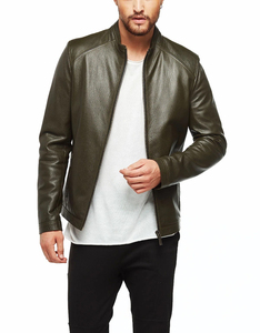 Blouson moto homme en cuir PU vert olive, col montant, fermeture éclair, coupe ajustée, manches classiques, couleur unie, pour l'automne - Product Image 5