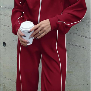 Women's Red Tracksuit Set Full Zip Long Sleeve Loose Fit Sporty Jogger <b>Pants</b> With Side Stripe All Seasons Wear - Product Image 2