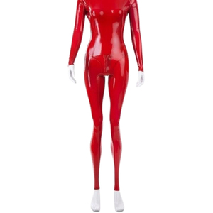 Women's <b>Red</b> PU Coated Long Sleeve Turtleneck Jumpsuit High Waist Skinny Fit Full Length Solid Color Clubwear Spandex Nylon - Product Image 2