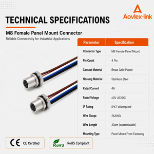 Conector Circular M8 de Montaje en Panel con Cables de 3, 4, 6 y 8 Pines, Fijación Trasera y Delantera, Personalizado - Product Image 4
