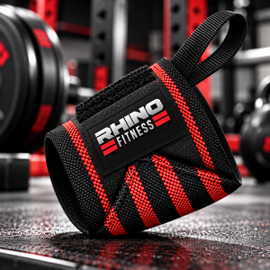 ผ้าพันข้อมือสำหรับมือซ้าย Rhino Fitness สีดำแดง ทำจากผ้าฝ้าย พร้อมห่วงร้อยนิ้วโป้งและแถบตีนตุ๊กแกสำหรับยกน้ำหนัก - Product Image 6