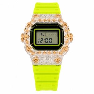 Reloj Digital para Mujer con Caja Cuadrada, Bisel con Pedrería, Correa de Silicona Verde Lima y Caja de Aleación - Product Image 6
