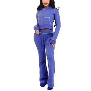 Personalización Casual recortada con capucha y pantalones acampanados Waffle Track Suit ropa mujer ropa deportiva conjuntos de 2 piezas 2026 - Product Image 1