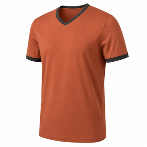 Camiseta al por mayor de cuello en V color naranja quemado con cuello y puños de contraste oscuro, ropa casual personalizada para hombre - Product Image 2