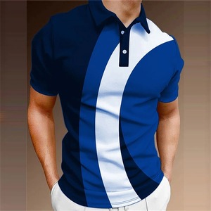 Polo à manches courtes rayé bleu et blanc pour homme, coupe ajustée, décontracté, tricoté, respirant, en polyester, design color block - Product Image 1