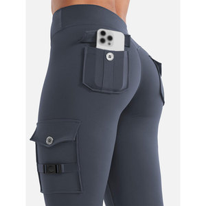 Button Fly Closure Pockets Legging <b>For</b> Women Breathable Stretch <b>Material</b> Daily Gym Practice Training Usage Summer Yoga Tights - Product Image 2
