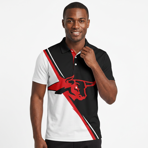 Polo de Manga Corta para Hombre con Estampado de Logo de Toro, Bloques de Color Negro, Blanco y Rojo, de Secado Rápido, Tejido de Poliéster, Ajuste Casual - Product Image 5