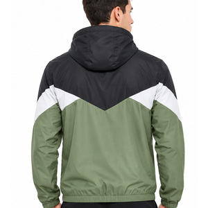 Chaqueta cortavientos para hombre con diseño de paneles en chevron, impermeable, verde oliva, negro, tricolor, ropa deportiva para exteriores, con capucha y cremallera. - Product Image 4