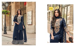 Salwar Kameez Tradicional para Mujer en Faux Georgette Azul Marino, Bordado, Largo hasta el Suelo, para Fiestas y Bodas, Estilo India/Pakistán - Product Image 4