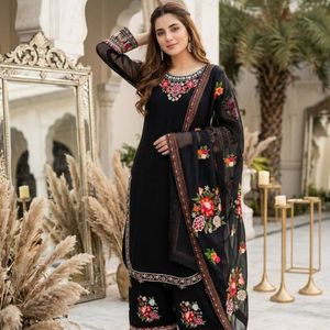 Embroidered <b>Indian</b> Pakistani <b>Top</b> Salwar Kameez Set Floral Embroidery Long Tunic Palazzo Outfit Festive Wear - Product Image 4