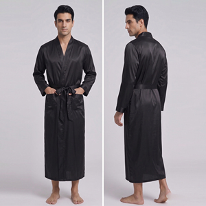 Robe longue en satin noir pour homme avec poches, peignoir de nuit en soie à manches longues - Product Image 5