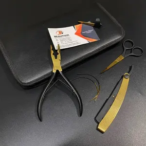 かみそり、ヘアパーティングツール、C字型針、はさみ付きブラックゴールドステンレススチールヘアエクステンションプライヤーツール