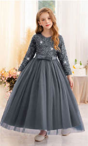 Robe de soirée princesse en velours gris premium brodée de sequins et de dentelle douce à col en V pour filles, vente en gros OEM ODM - Product Image 3