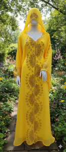 Kaftan marocain en georgette jaune exquis - Takshita brodé à la main avec des fils dorés et un voile à capuche pour les mariages et les événements formels - Product Image 3