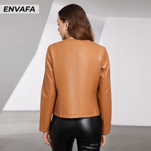 Chaquetas de Cuero para Mujer, Chaqueta de Cuero Personalizada con Botones al Frente, Chaqueta de Cuero de Cordero, Chaqueta de Cuero de Manga Larga para Mujer - Product Image 5