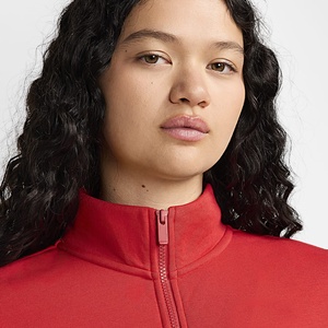 Sweat-shirt à col zippé rouge pour femme avec poche kangourou, manches longues, haut décontracté en polaire, vêtements de sport athlétiques, vente en gros - Product Image 6