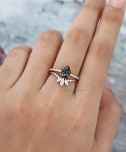<b>925</b> Sterling <b>Silver</b> Women Pear Natural Pear shaped Black Rutilated Quartz Engagement <b>Ring</b> Marquise Cut Band <b>Rings</b> Anniversary - Product Image 5