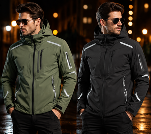 Veste softshell coupe-vent noire à capuche pour homme avec fermetures éclair rouges, vêtements d'hiver sportifs pour l'extérieur - Product Image 4