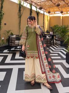 Ensemble prêt-à-porter entièrement cousu en soie romaine avec broderie de fil de créateur, haut et pantalon palazzo et dupatta - Product Image 4