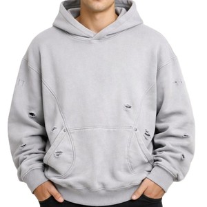Sudadera con Capucha para Hombre, Corte Regular, Estilo Desgastado, 100% Algodón, Forro Polar, Color Negro Sólido, Transpirable, Secado Rápido, Ropa Casual Urbana - Product Image 2