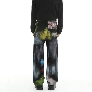 Calças jeans largas personalizadas para homens, calças pretas com desenho graffiti e pinturas, calças hip hop