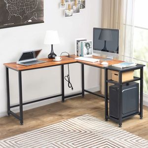 Scrivania per Computer a L in Legno di Tigre con Prese di Corrente e Ripiano - Product Image 4