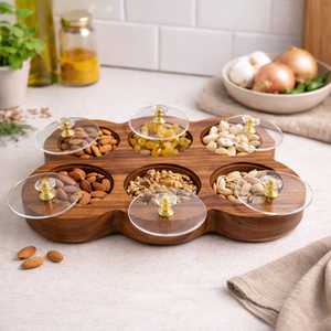 Best selling Rectangular acacia Spice <b>Box</b> Masala Dabba Acrylic Lid with 6 Round Compartments Food Safe Dry-Fruit <b>Box</b> Set - Product Image 3