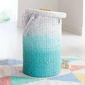 Handmade Ombre Teal Water Hyacinth Basket Woven Storage <b>Container</b> Eco Friendly Laundry Hamper with Matching Lid Style New - Product Image 4