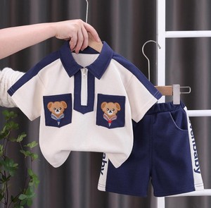 ชุดเสื้อยืดโปโลผ้าฝ้ายสำหรับเด็กแขนสั้นปักลายหมีกระเป๋าสีฟ้าสีขาวชุดลำลองสองชิ้น - Product Image 6