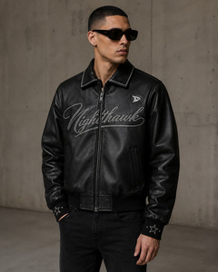 Nighthawk Embroidered PU Leather Bomber <b>Jacket</b> Men's Moto Style Zip Front Black <b>Star</b> Cuff Design - Product Image 4