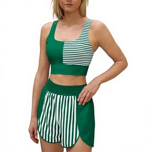 Ensemble soutien-gorge et short de yoga texturé uni respirant à compression pour femme, bretelles croisées, taille élastique, en Spandex/Nylon, séchage rapide - Product Image 4