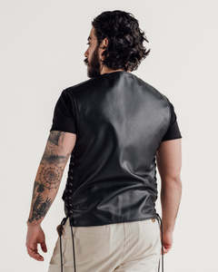 Men's <b>Black</b> Fashion Leather <b>Vest</b> Moto Biker Style Collarless Button Closure Regular Fit Autumn Wear Trend - Product Image 2
