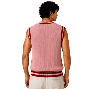 Gilet pull sans manches en maille pour homme, rose clair et bordeaux à rayures contrastées, col en V, léger, décontracté, personnalisable avec logo OEM - Product Image 2