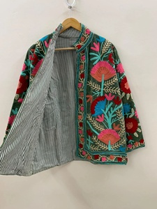Bohemian <b>Vintage</b> Floral Embroidered Finished Velvet Cotton Reversible Thick Winter Suzani Overcoat <b>Jacket</b> - Product Image 2