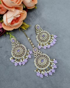 Traditional Oval CZ Stone Round Shape <b>Earrings</b> And Mang Tika Set Pearl Beaded Ethnic Party Wear Fashion Jewellery Set Collection - Product Image 4