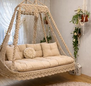 Boho Macrame Double <b>Swing</b> Chair | Beige Handmade Hanging <b>Swing</b> | Garden & Veranda <b>Swing</b> with Cushions - Product Image 2