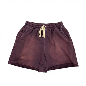 Shorts en coton brodés avec logo personnalisé, effet vieilli, délavé au soleil, bords coupés, délavé à l'acide pour homme - Product Image 2