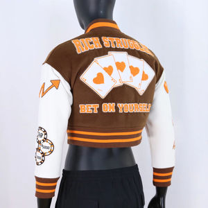 New Arrivals <b>Leather</b> Sleeve Varsity <b>Jacket</b> Letter Printed Button Motorcycle Coat Street Wear <b>Leather</b> Women's Cropped <b>Jackets</b> - Product Image 2
