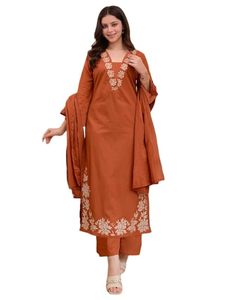Pure Cotton Embroidered <b>Kurta</b> Set for Women Rust Orange <b>Kurta</b> with Pants & Dupatta Floral Neck & Hem Embroidery - Product Image 4