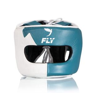 New <b>Style</b> Genuine Cowhide Leather Blue & White Fly Boxing <b>Head</b> Guard Premium Quality Fly <b>Head</b> Guard Laced Boxing Training Helmet - Product Image 1