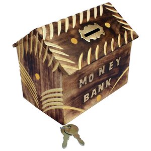Wooden Brown Money/Piggy Bank, Money <b>Box</b>, Coin <b>Box</b> for Kids/Children with <b>Lock</b> - Product Image 1