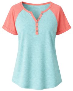 Aqua Blue Coral Women T Shirt Short Sleeve Henley Neck Raglan Tee Soft Cotton Casual Summer <b>Top</b> Breathable Comfortable Daily - Product Image 1