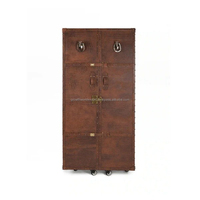 Meuble Bar en Cuir Moderne, Buffet Rangement Marron, Armoire de Bar 2 Portes, Mobilier de Salon de Luxe Fait Main