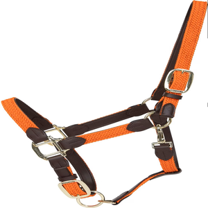 Customized Braided Design Double Adjustable Handmade Plated Nylon Horse <b>Halter</b> with Leather Loops and Golden Fittings - Product Image 3