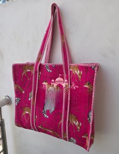 Handcrafted Quilted Cotton Bohemian Tote Bag Zipper Woodland Animal Motifs Striped <b>Straps</b>-Eco-Friendly Shopping Utility Bag - Product Image 4
