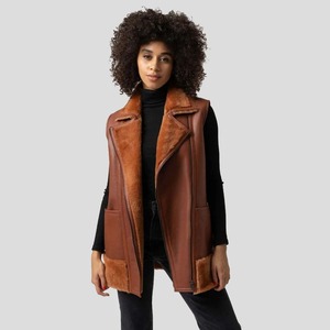 Veste longue d'hiver pour femme en cuir d'agneau véritable, style aviateur, marron clair, B3 Bomber, en peau de mouton - Product Image 4