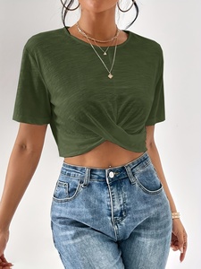 Women's Olive Green <b>Crop</b> <b>Top</b> Short <b>Sleeve</b> Crew Neck Knitted Asymmetric Casual T-Shirt Slim Fit Spring Summer Style - Product Image 3