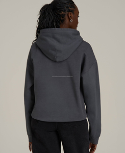Women's Oversize <b>Drop</b> Shoulder 100% Cotton Fleece Embroidered Lined Long Front Crew Neck Drawstring Pullover Hooded Winter High - Product Image 2